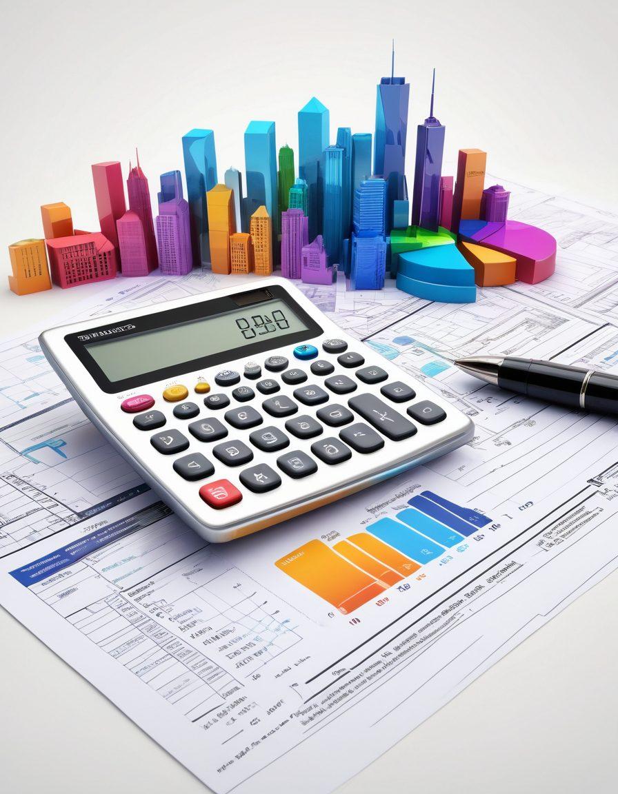A sleek and modern calculator surrounded by essential real estate tools like a house blueprint, mortgage documents, and financial graphs. Incorporate a vibrant city skyline in the background, suggesting growth and opportunity. Use bright colors to evoke a sense of success and clarity. vector art. vibrant colors. white background.