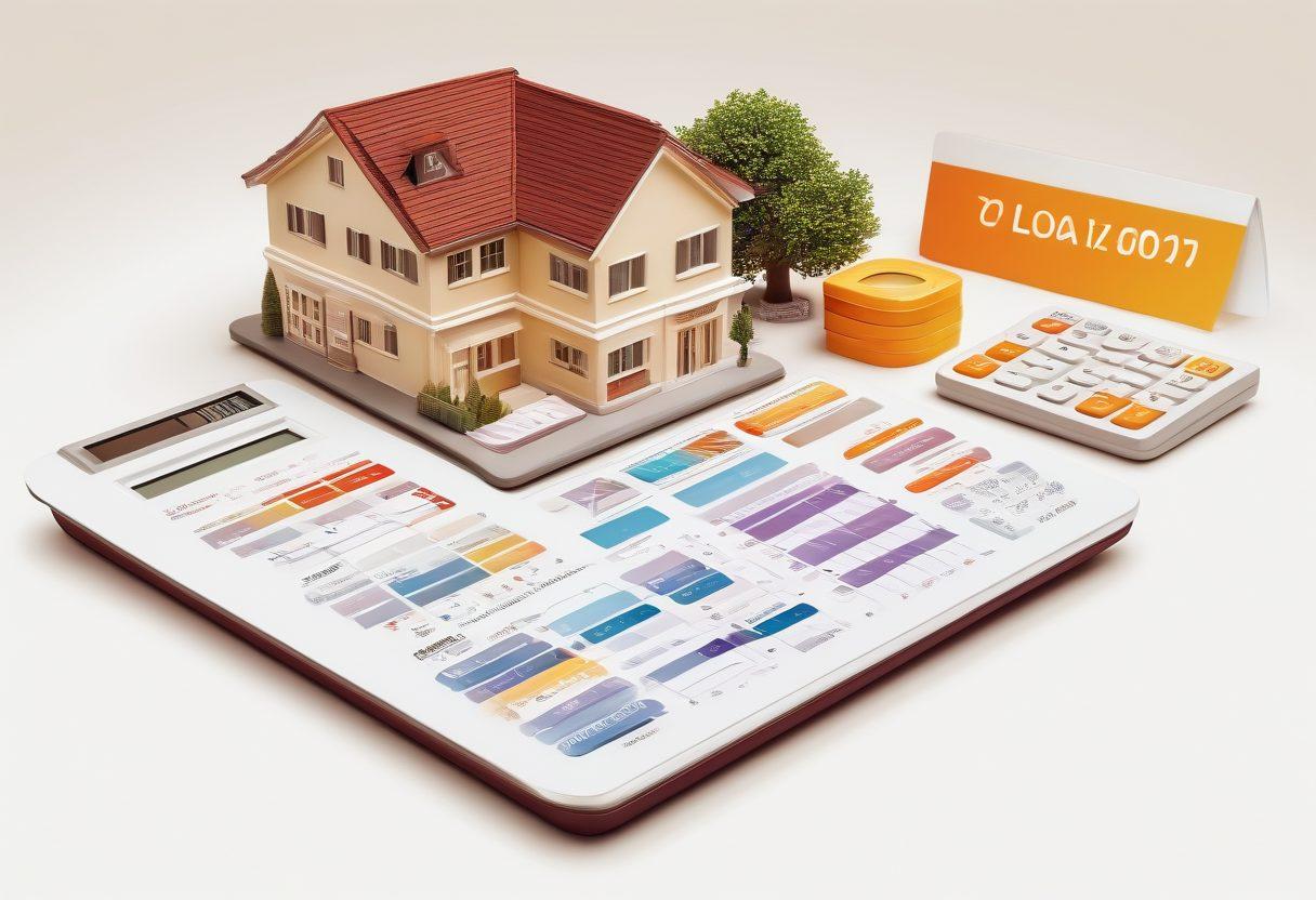 A detailed infographic showcasing mortgage payment estimators and loan calculators, featuring a calculator, house icon, and graphs displaying payment rates and loan terms. The background should be an elegant home office setting, with a warm light illuminating the scene, symbolizing financial security and planning. Include vibrant colors to enhance readability and engagement. vector art. vibrant colors. white background.